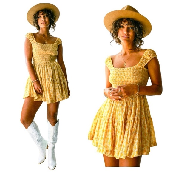 FREE PEOPLE | Sweet Annie Sunshine Combo Fit & Flare Smocked Mini Dress Size XS - Picture 4 of 14